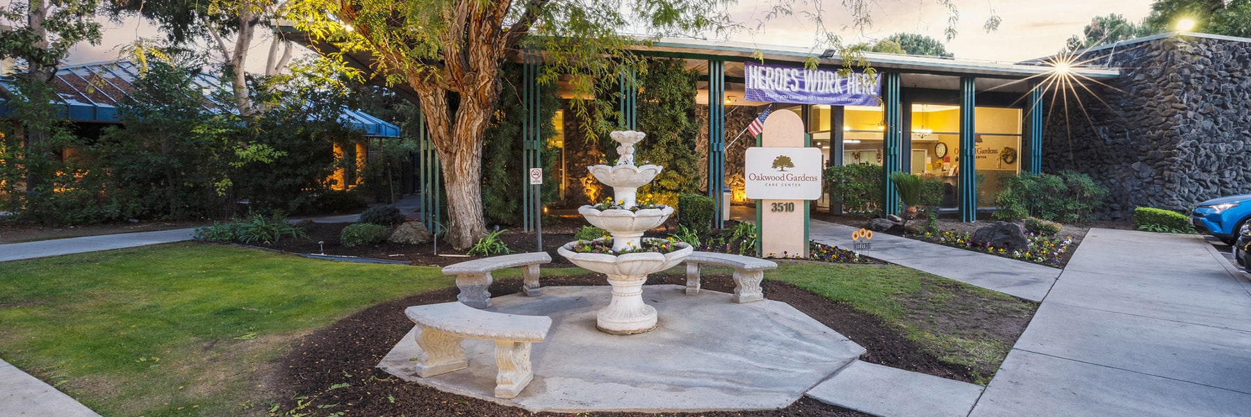 Outdoor view of front porch of Oakwood Gardens